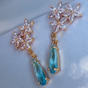 Gold Flower Crystal Drop Earrings, Wedding Earrings, Blue Dangle Earrings, Lightweight Glam Earrings, Gift for Bridesmaid , Party Jewelry.