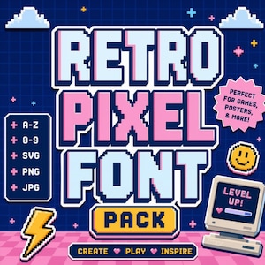 Könnte beinhalten: Retro-Grafik mit dem Text "RETRO PIXEL FONT PACK" in Pixel-Schrift. Enthält A-Z, 0-9, SVG, PNG und JPG Formate. Mit Computer mit "LEVEL UP!" und Smiley. Der Hintergrund ist blau und rosa.