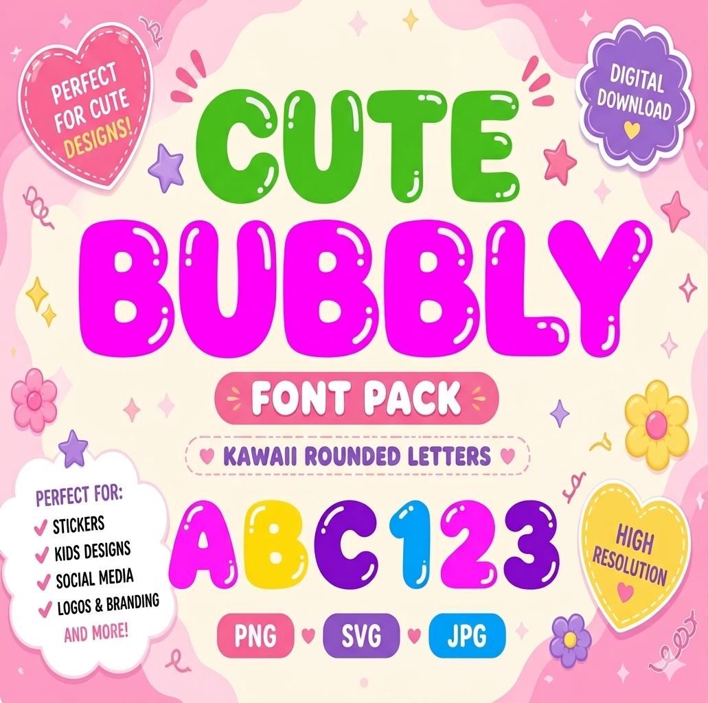 Fun Rounded Block Font Cute Bubbly Font – Kawaii Bubble Letters, Fun Rounded Typeface, Bubble ...