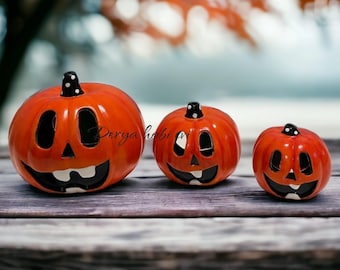 Ceramic Orange Pumpkin Tealight Holder: Fall Halloween Decor
