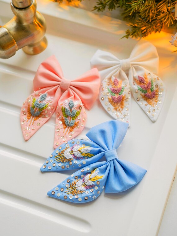 Handmade Floral Embroidered Hair Bow: Cotton French Barrettes