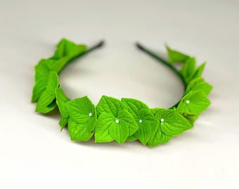 Handmade Green Hydrangea Headband: Floral Hair Accessory for Girls