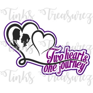 May include: Two hearts, one journey. A black and white silhouette of a couple in love, inside two intertwined hearts. The hearts are outlined in purple.