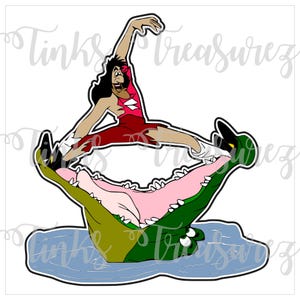 Könnte beinhalten: Ein grüner Alligator mit offenem Maul, einer rosa Zunge und scharfen Zähnen. Ein Comic-Charakter in einem rot-weißen Outfit steht mit hochgestreckten Beinen auf dem Kopf des Alligators.