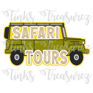 May include: A green safari jeep with a roof rack and the words "SAFARI TOURS" in brown text on a yellow background.