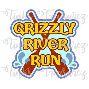 May include: A blue and yellow graphic design with two crossed paddles and the text "Grizzly River Run".