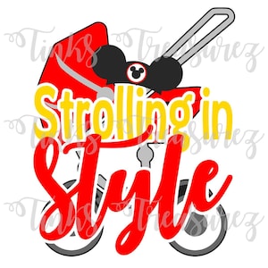 May include: A red and yellow stroller design with the words "Strolling in Style" in a playful font. The stroller features a Mickey Mouse-themed design, with black ears and a Mickey head emblem. The wheels and handle are gray.
