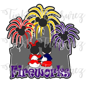 May include: Mickey and Minnie Mouse stand in front of a silhouette of Cinderella's Castle with fireworks exploding in the background. The text "Fireworks" is written in purple below the couple.