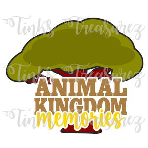 May include: A graphic featuring a stylized tree with a large green canopy and red accents. The words "ANIMAL KINGDOM" are in brown block letters, with "MEMORIES" in yellow script below. The design is outlined in black.