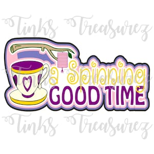 May include: A purple and yellow graphic design with a teacup and saucer, a branch with a lantern, and the text "A Spinning Good Time".