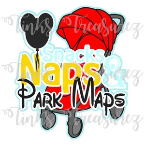 May include: A red stroller with the words "Snacks, Naps, Park Maps" in a playful font. A black Mickey Mouse-shaped balloon is on the left. The design is outlined in black and light blue.