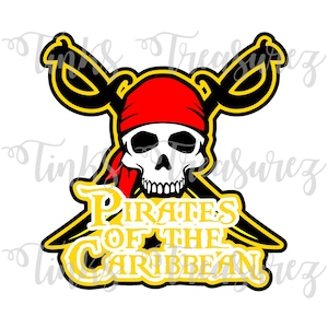 May include: A yellow and black graphic with a skull wearing a red bandana and crossed swords. The text "Pirates of the Caribbean" is written in yellow letters.