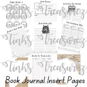 May include: A collection of printable book journal insert pages. The pages include sections for audio books, book reviews, book wish lists, and tracking circulating titles. The pages are black and white with decorative elements and text.