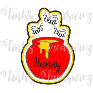 May include: A red honey pot with a yellow lid and dripping honey. Three yellow and black bees are flying around the pot. The pot has the word "Hunny" written on it in black.