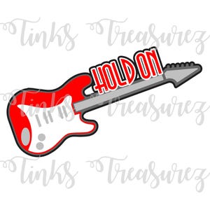 May include: Red and gray electric guitar with the words "HOLD ON" written on the neck.