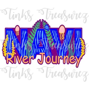 May include: A purple background with the letters "NAVI" in blue with a zebra print pattern. The letters are surrounded by green ferns and yellow seaweed. The words "River Journey" are written in orange below the letters.