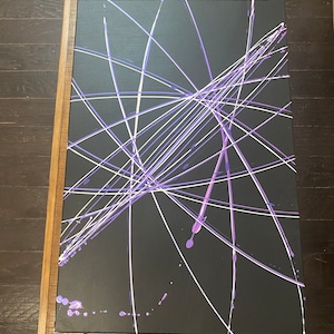 May include: Abstract painting on canvas with a black background and purple and white lines. The lines are arranged in a radial pattern, creating a sense of movement and energy.