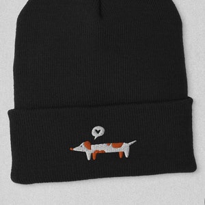 Embroidered  Dachshund beanie, folded beanie in black or olive khaki, dog motif hat, dog lover gift, Daxie mum, gift dackel, sausage dog