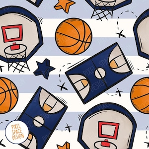 May include: A seamless pattern featuring basketballs, hoops, and court designs in orange, navy blue, and white. The design includes stars and dashed lines on a striped background, perfect for sports-themed projects.