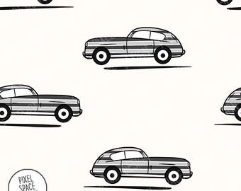 May include: A repeating pattern of vintage-style cars in black, white, and gray. The cars are depicted in a side profile with horizontal stripes. The design includes a circular logo with the text "PIXEL SPACE DESIGN".
