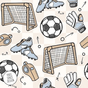May include: A seamless pattern of soccer-themed illustrations. The design includes soccer balls, goals, cleats, gloves, and whistles in a hand-drawn style. The color scheme features black, white, beige, and light blue. The pattern is set against a checkered background.