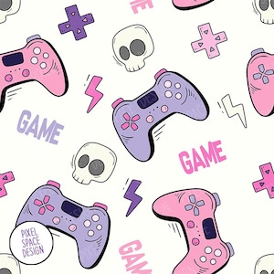 Pode incluir: Um padrão sem costura com controladores de videogame rosa e roxo, caveiras, raios e a palavra "GAME" repetida em um fundo branco.