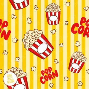 Może przedstawiać: Powtarzający się wzór przedstawiający czerwono-białe paski kubełki na popcorn wypełnione prażoną kukurydzą na żółto-białym tle w pionowe paski. Czerwony napis POP CORN jest rozmieszczony w całym projekcie wraz z pojedynczymi kawałkami popcornu.