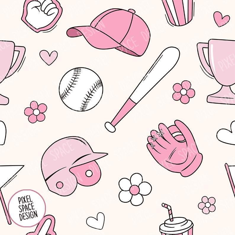 Pink Baseball Pattern Girly Baseball Seamless Pattern: Floral Girl Design (digital Download ...