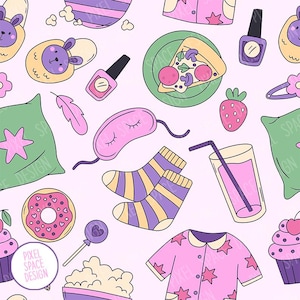 May include: A repeating pattern of sleep-themed illustrations on a light pink background. The design includes a pizza slice, nail polish, a sleep mask, socks, a drink, a cupcake, a donut, and a pair of bunny slippers. The words "PIXEL SPACE DESIGN" are also visible.