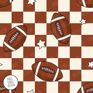 May include: A seamless pattern featuring brown footballs and white stars on a brown and white checkered background.