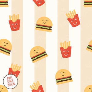 May include: A seamless pattern featuring cartoon images of hamburgers and french fries on a striped background. The hamburgers and french fries have smiling faces.