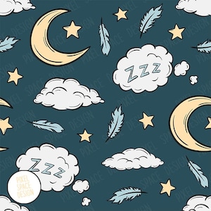 May include: A seamless pattern featuring a night sky theme. The design includes a crescent moon, stars, clouds with the word "Zzz", and feathers in shades of yellow, blue, and white on a dark teal background. The words "Pixel Space Design" are also present.
