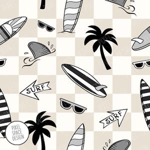 May include: Black and white seamless pattern featuring surfboards, palm trees, sunglasses, and the word "SURF" on a chequered background.