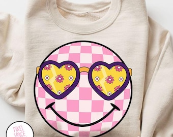 Retro Smiley Face PNG: Floral Heart Sunglasses, Sublimation Design, Digital Download