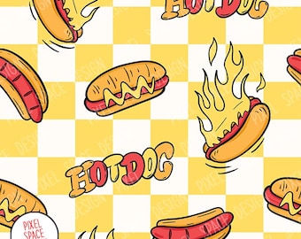 Patrón sin costuras de perrito caliente: Papel digital de comida rápida (descarga digital, 30 x 30 cm, JPG/PNG)
