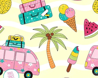 Summer Days Seamless Pattern: Beach Floral & Ice Cream (JPG, PNG Digital Download)