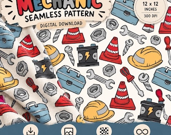 May include: A mechanic seamless pattern digital download featuring illustrations of blue toolboxes, yellow hard hats, red traffic cones, grey nuts, silver wrenches, screws, and black car batteries with yellow lightning bolts on a white background.