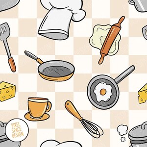 Puede incluir: Patrón repetitivo de utensilios de cocina e ilustraciones de alimentos. El diseño incluye un gorro de chef, sartenes, un batidor, un rodillo, una taza de café, queso y un huevo en una sartén. El fondo es un patrón de cuadros beige y blanco.