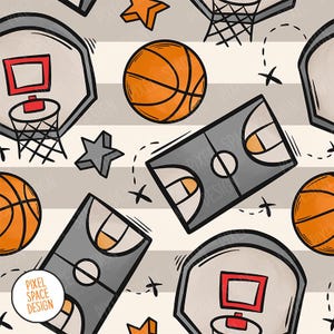 May include: A seamless pattern featuring basketballs, hoops, and court designs in orange, gray, and white. The design includes stars and dashed lines, creating a playful sports theme. The text "Pixel Space Design" is also visible.