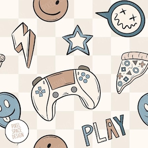 May include: A repeating pattern with cartoon-style illustrations of gaming symbols. Includes a game controller, pizza slice, star, and lightning bolt. The word "PLAY" is also present. The design uses beige, brown, and blue colours.