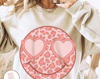 Leopard Smiley Face PNG: Pink Heart Glasses, Valentines Design (Digital Download)