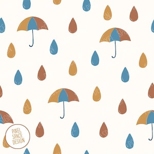 May include: A seamless pattern featuring colorful umbrellas and raindrops. The umbrellas are brown, blue, and orange, and the raindrops are blue, brown, and orange. The pattern is on a white background.