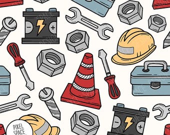 May include: A seamless pattern featuring construction tools and equipment. The design includes red and white traffic cones, gray nuts and bolts, yellow hard hats, blue toolboxes, and black batteries with lightning bolt symbols. The text "Pixel Space Design" is also present.