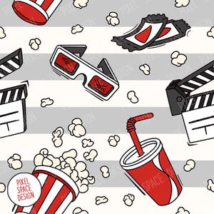 Könnte beinhalten: Ein sich wiederholendes Muster mit Illustrationen zum Thema Kino. Enthält Popcorn, 3D-Brillen, Filmklappen, Limonadenbecher und Kinokarten. Das Design ist in Rot, Weiß und Schwarz auf einem gestreiften grau-weißen Hintergrund. Der Text "PIXEL SPACE DESIGN" ist sichtbar.