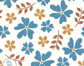 Boho Floral Seamless Muster: Blau & Gold Blumen (Digitaler Download)