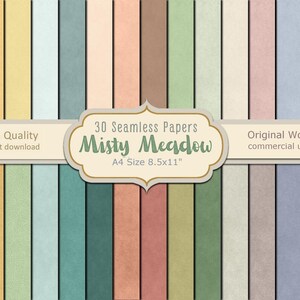 Könnte beinhalten: Ein digitales Kunstbild mit 30 nahtlosen Papieren in verschiedenen Pastellfarben. Die Papiere sind vertikal angeordnet, mit einem Etikett "Misty Meadow" und "A4 Größe 21.0 x 29.7cm". Enthält Text "High Quality instant download" und "Original Work commercial use".