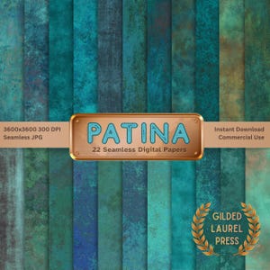 May include: Digital paper pack featuring a patina design in shades of teal, blue, and green. The image includes the word "PATINA" and the text "22 Seamless Digital Papers". The design is suitable for commercial use.