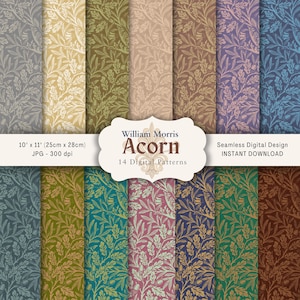 May include: A selection of 14 digital patterns with a repeating floral design in various colors. The patterns measure 25cm x 28cm and are available for instant download. The design is by William Morris and is called Acorn.