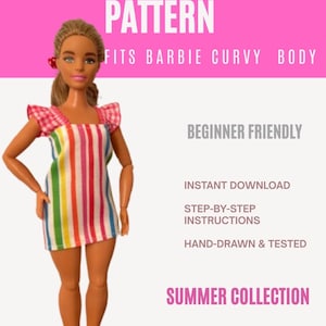 May include: A doll wearing a colorful striped dress with a pink background. The text on the image says "SLEEK STRAPPY DRESS PATTERN" and "FITS BARBIE CURVY BODY". Additional text includes "BEGINNER FRIENDLY" and "SUMMER COLLECTION".
