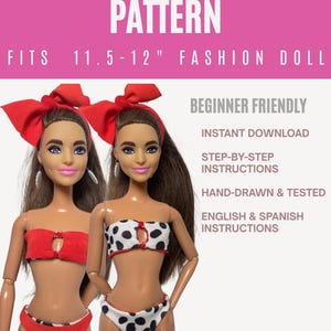 May include: A digital pattern for a reversible bikini that fits 11.5-12 inch fashion dolls. The text includes NIKITA, REVERSIBLE BIKINI PATTERN, FITS 11.5-12 INCH FASHION DOLL, BEGINNER FRIENDLY, INSTANT DOWNLOAD, STEP-BY-STEP INSTRUCTIONS, HAND-DRAWN & TESTED.